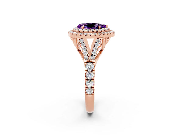 Rose gold Pear Cut Amethyst Double Halo Ring with Split Shank and Prong Setting