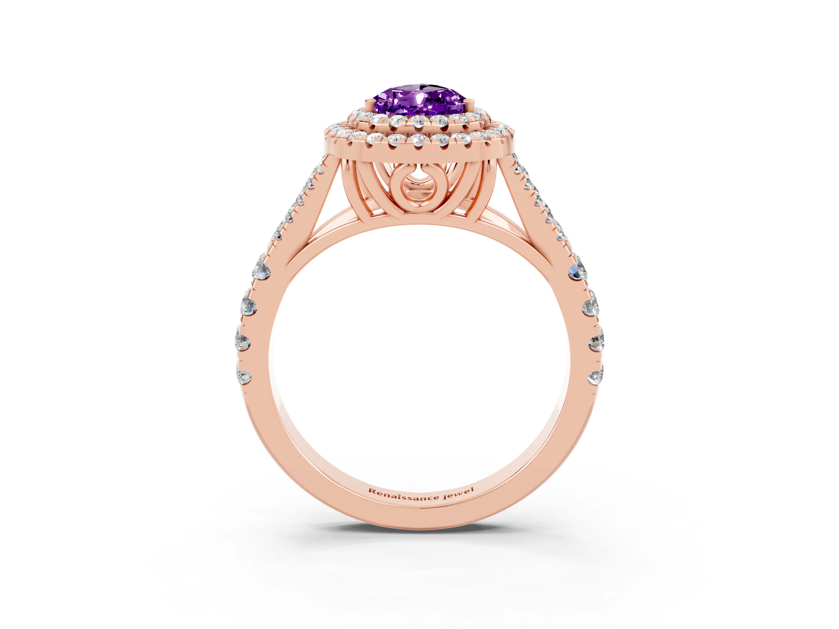Rose gold Pear Cut Amethyst Double Halo Ring with Split Shank and Prong Setting_15