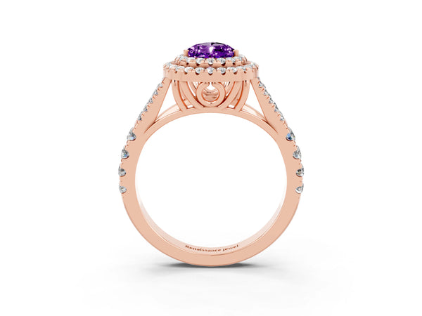 Rose gold Pear Cut Amethyst Double Halo Ring with Split Shank and Prong Setting