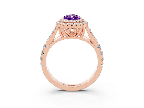 Rose gold Pear Cut Amethyst Double Halo Ring with Split Shank and Prong Setting_15