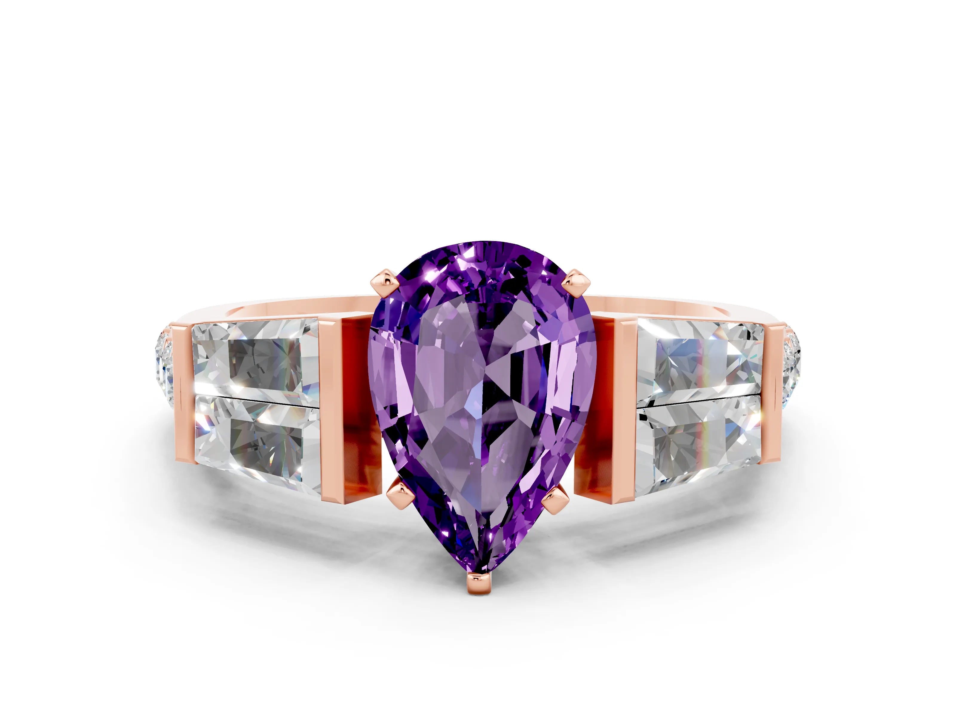 Rose gold Pear Cut Amethyst Engagement Ring with Baguette Side Stones and Channel Set Band