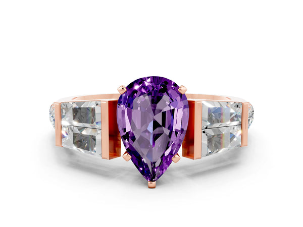 Rose gold Pear Cut Amethyst Engagement Ring with Baguette Side Stones and Channel Set Band