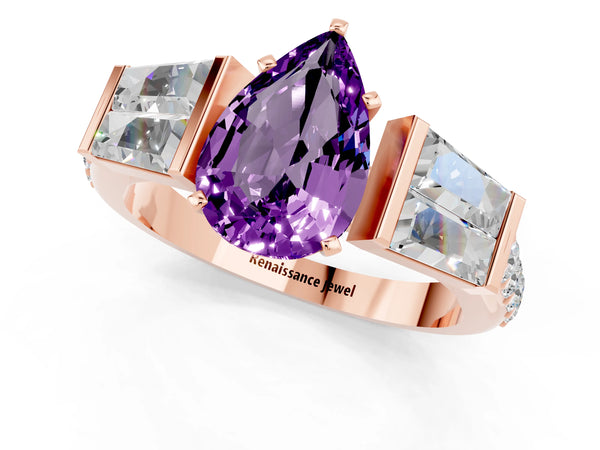 Rose gold Pear Cut Amethyst Engagement Ring with Baguette Side Stones and Channel Set Band