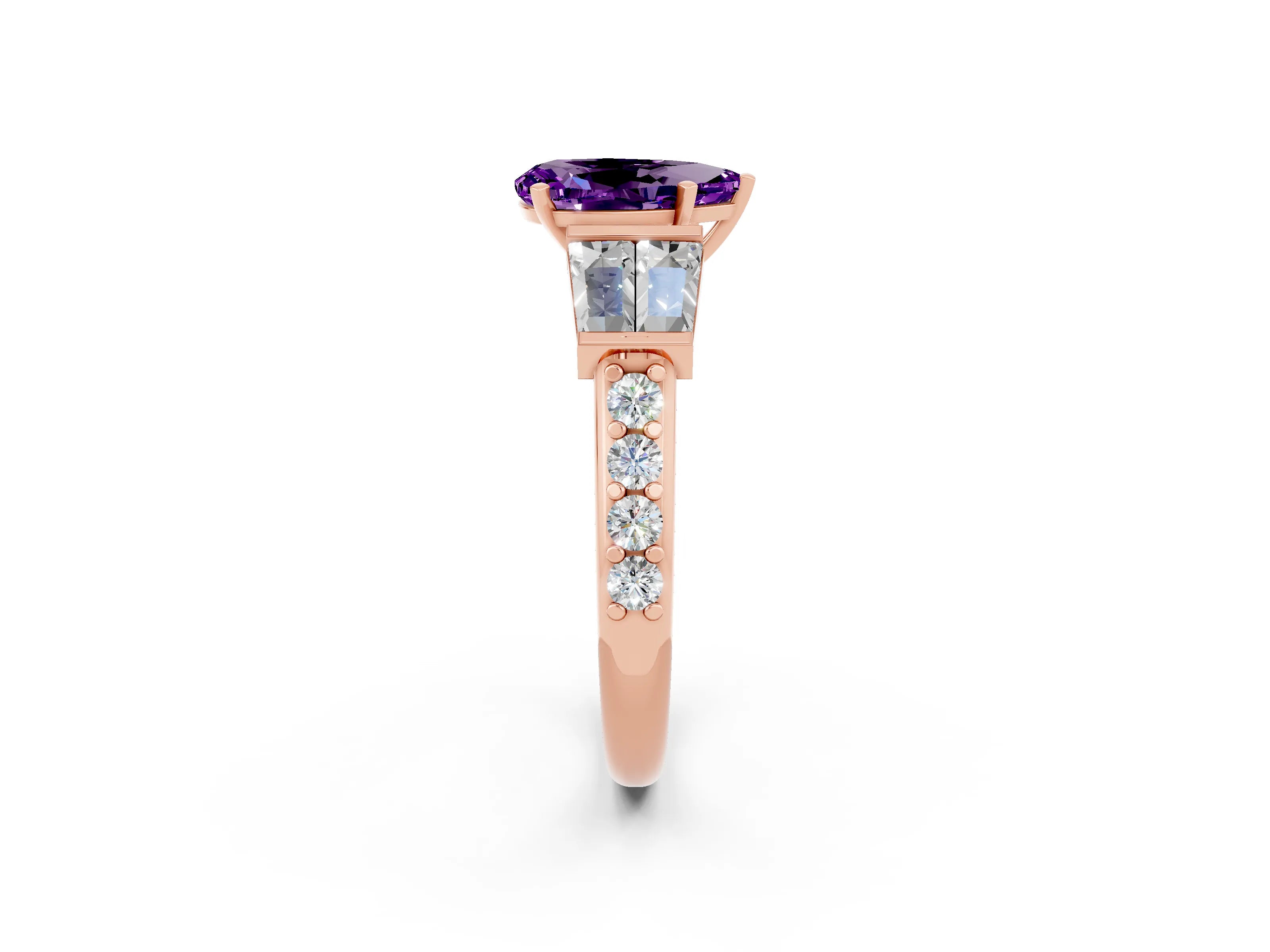 Rose gold Pear Cut Amethyst Engagement Ring with Baguette Side Stones and Channel Set Band_2
