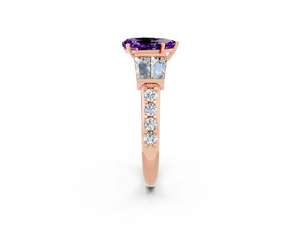 Rose gold Pear Cut Amethyst Engagement Ring with Baguette Side Stones and Channel Set Band