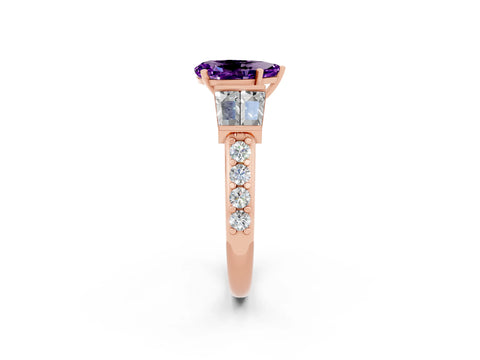 Rose gold Pear Cut Amethyst Engagement Ring with Baguette Side Stones and Channel Set Band_2