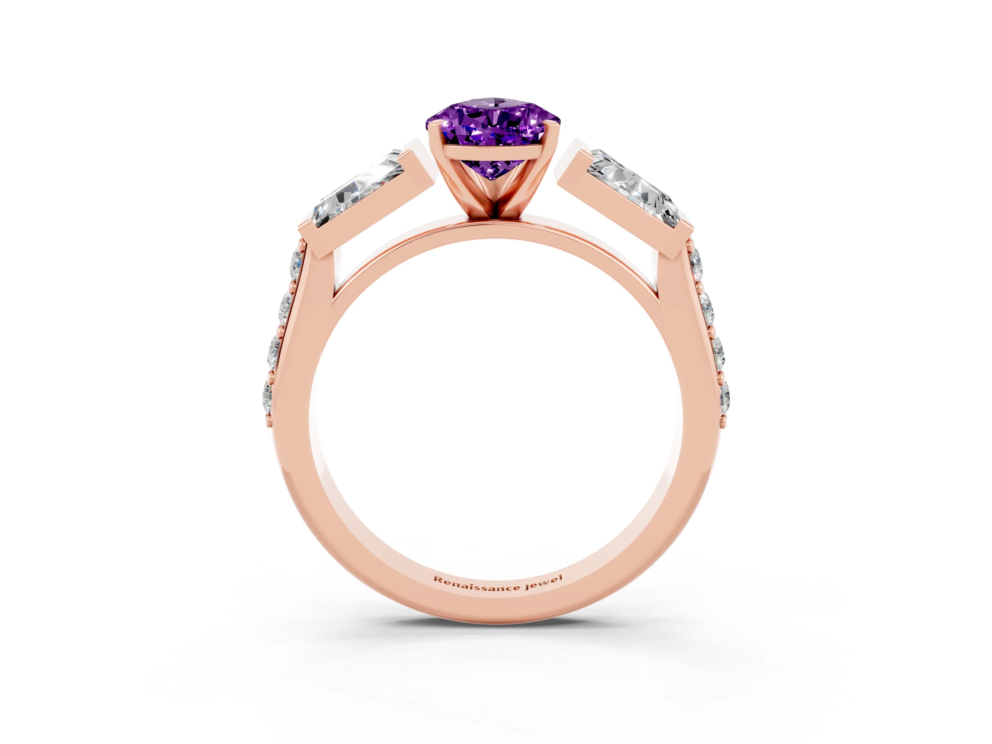 Rose gold Pear Cut Amethyst Engagement Ring with Baguette Side Stones and Channel Set Band_3