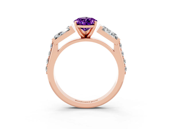 Rose gold Pear Cut Amethyst Engagement Ring with Baguette Side Stones and Channel Set Band