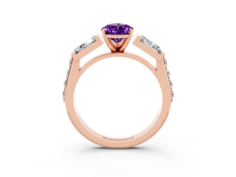 Rose gold Pear Cut Amethyst Engagement Ring with Baguette Side Stones and Channel Set Band_3