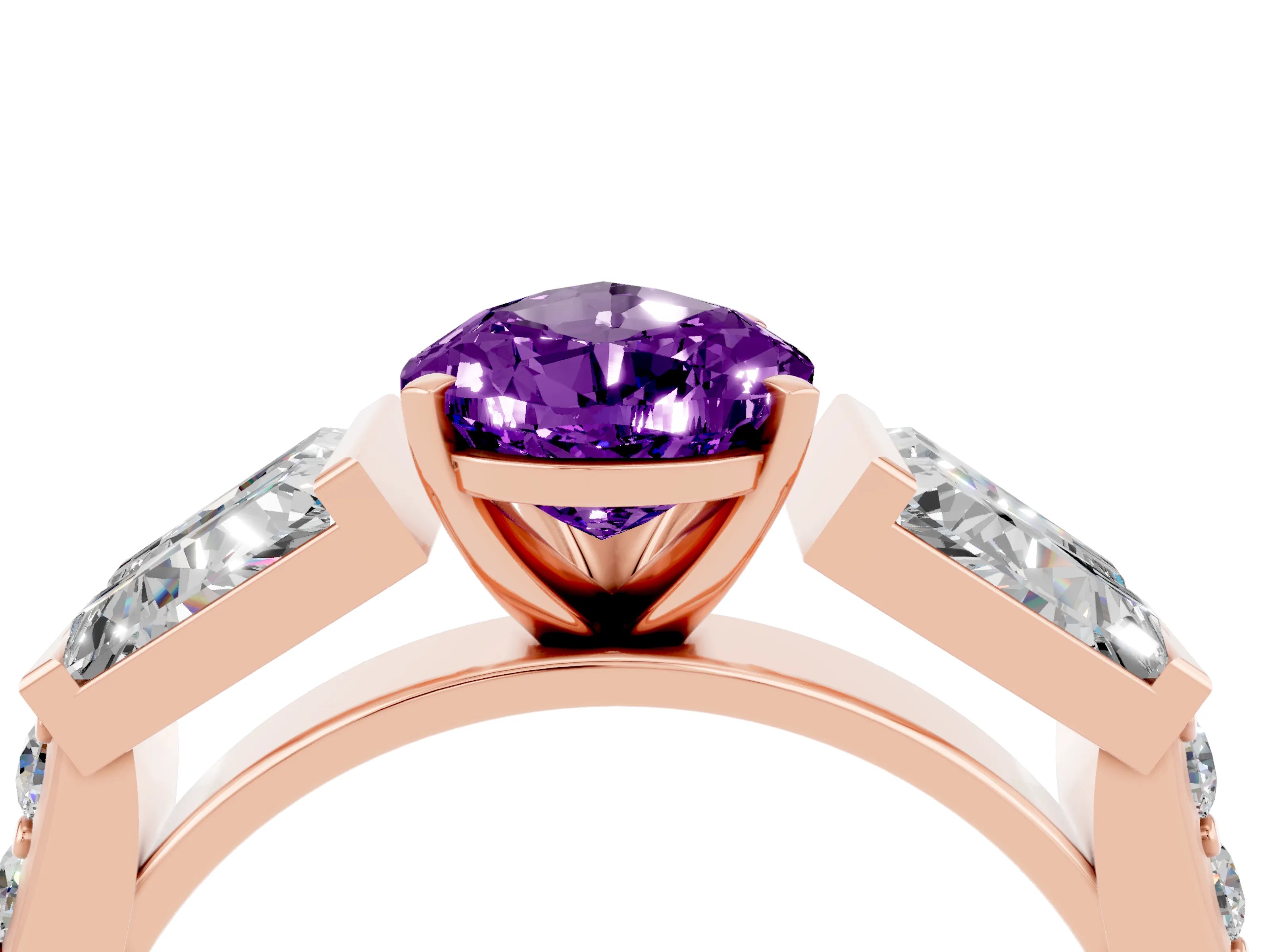 Rose gold Pear Cut Amethyst Engagement Ring with Baguette Side Stones and Channel Set Band_4