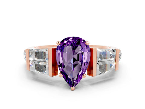 Rose gold Pear Cut Amethyst Engagement Ring with Baguette Side Stones and Channel Set Band