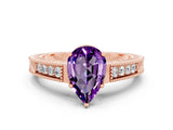 Rose gold Pear Cut Amethyst Engagement Ring with Milgrain Channel Set Band and Prong Setting