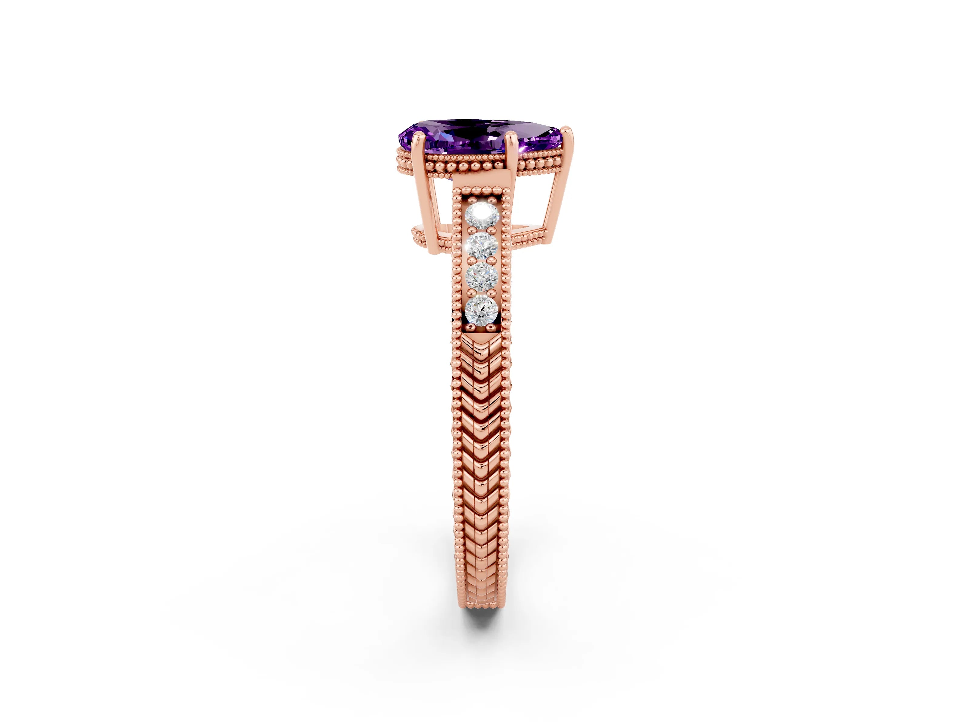 Rose gold Pear Cut Amethyst Engagement Ring with Milgrain Channel Set Band and Prong Setting_2