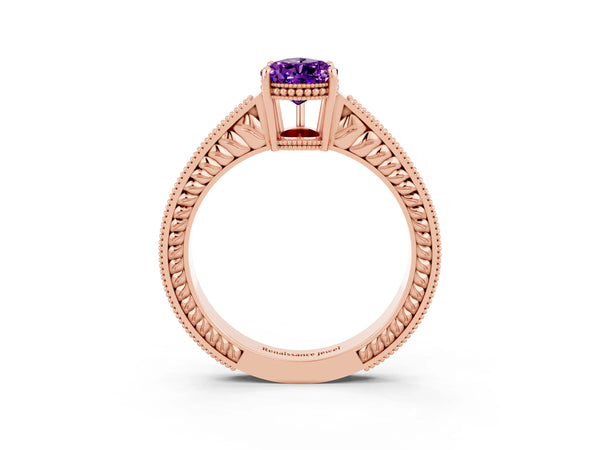 Rose gold Pear Cut Amethyst Engagement Ring with Milgrain Channel Set Band and Prong Setting