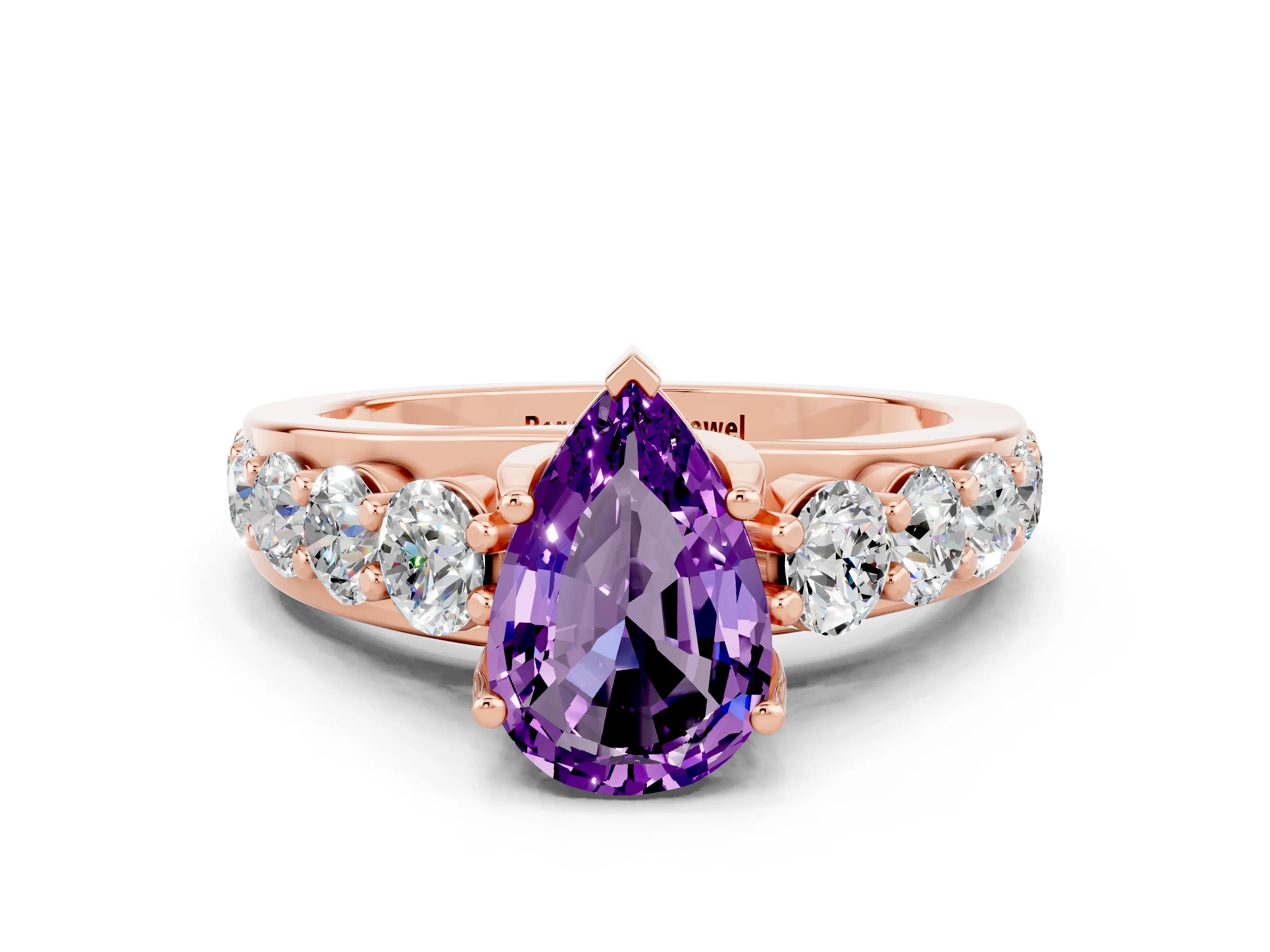 Rose gold Pear Cut Amethyst Engagement Ring with Pavé Band and Four-Prong Setting