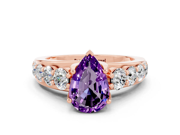Rose gold Pear Cut Amethyst Engagement Ring with Pavé Band and Four-Prong Setting