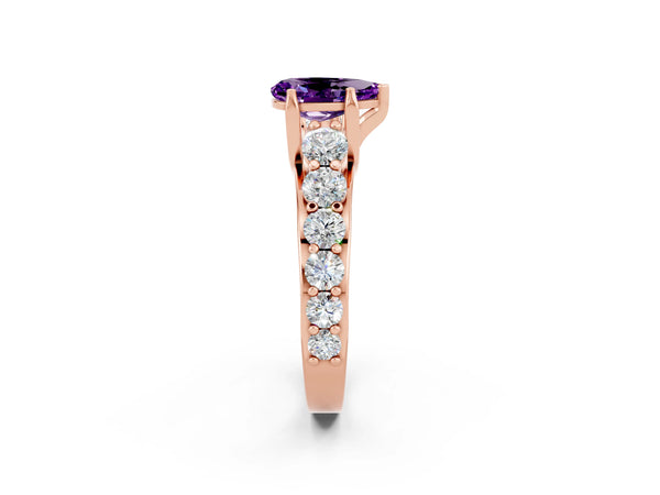 Rose gold Pear Cut Amethyst Engagement Ring with Pavé Band and Four-Prong Setting