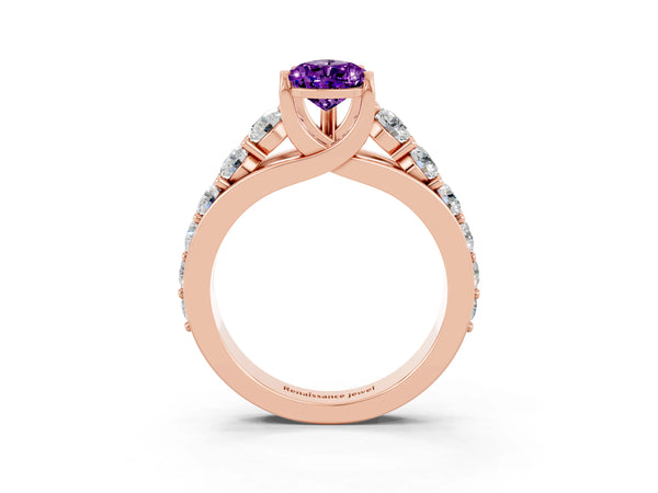 Rose gold Pear Cut Amethyst Engagement Ring with Pavé Band and Four-Prong Setting