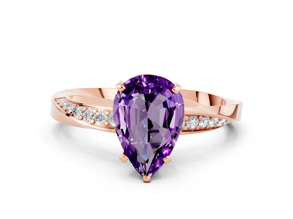 Rose gold Pear Cut Amethyst Engagement Ring with Side Stone Accents and Four-Prong Setting