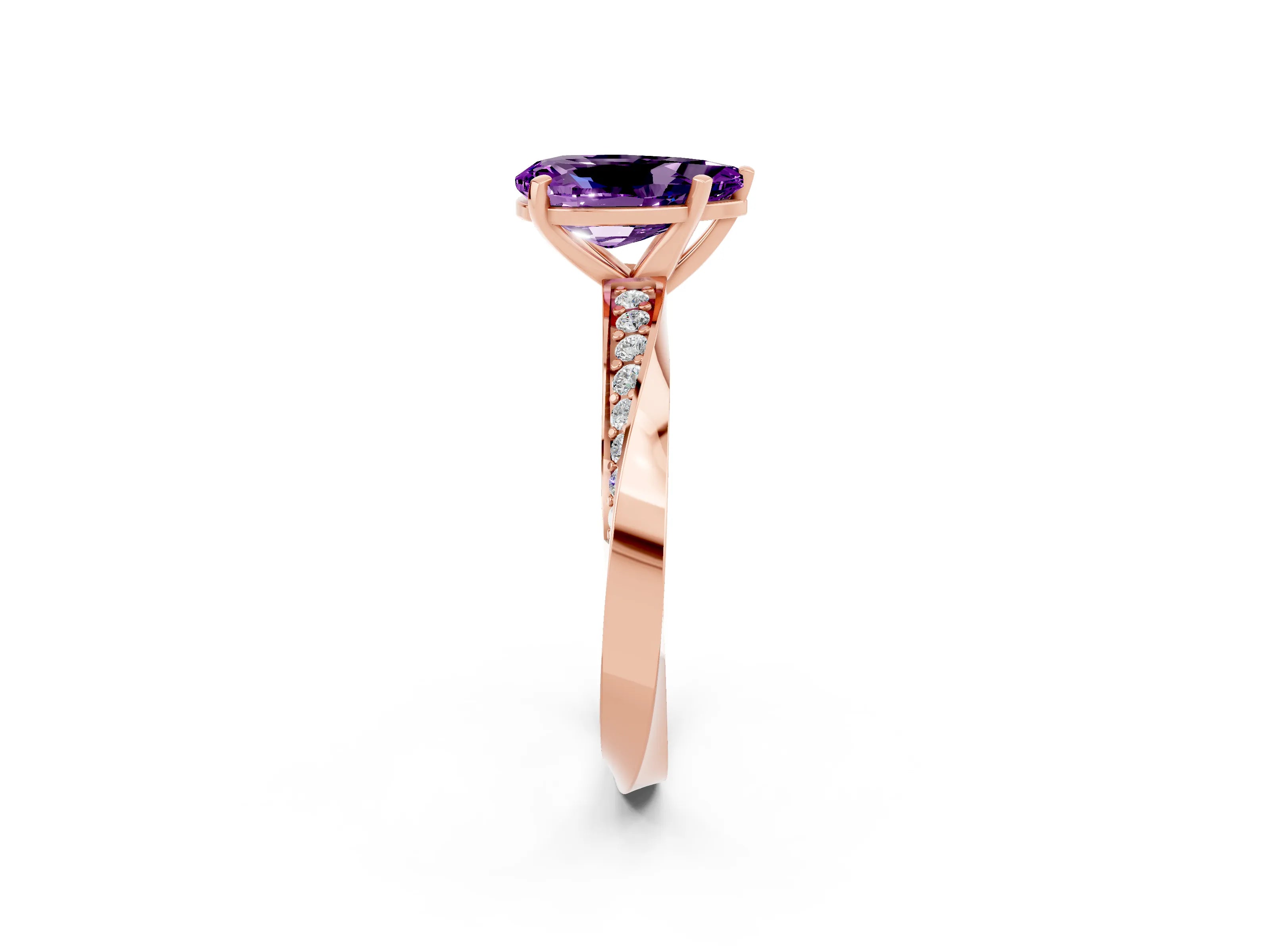 Rose gold Pear Cut Amethyst Engagement Ring with Side Stone Accents and Four-Prong Setting_29