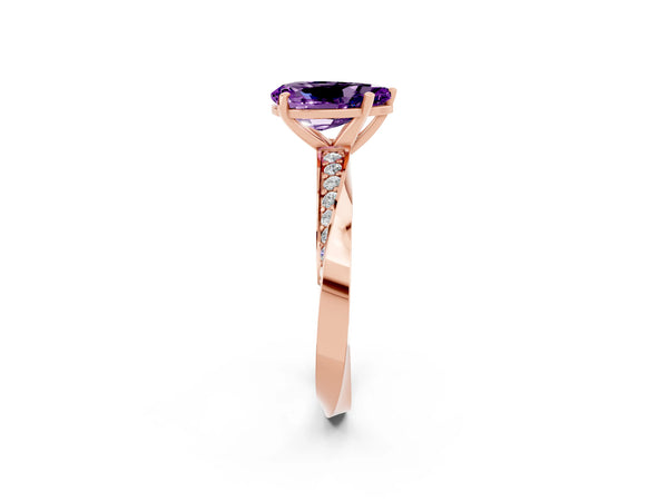 Rose gold Pear Cut Amethyst Engagement Ring with Side Stone Accents and Four-Prong Setting