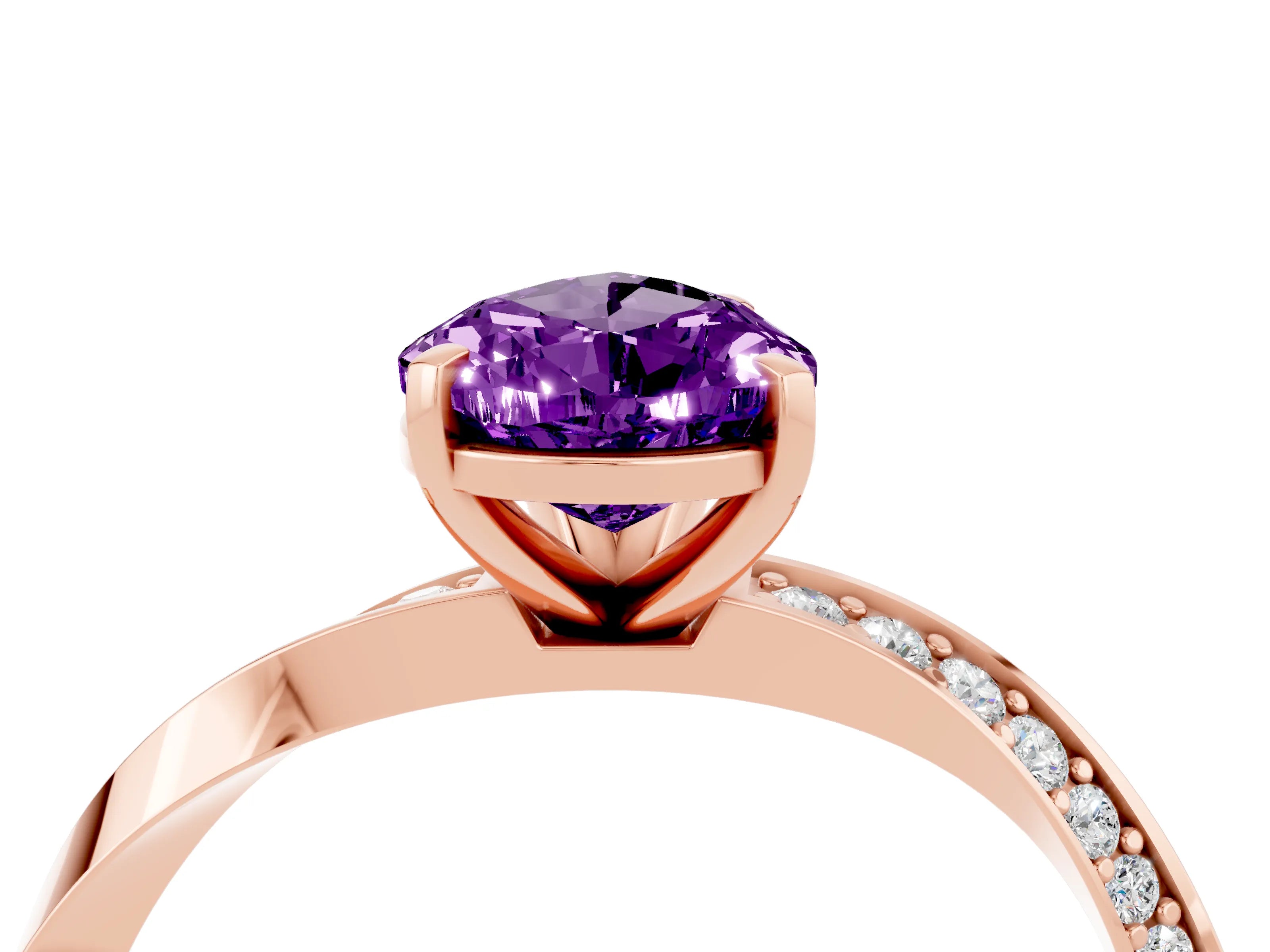 Rose gold Pear Cut Amethyst Engagement Ring with Side Stone Accents and Four-Prong Setting_31