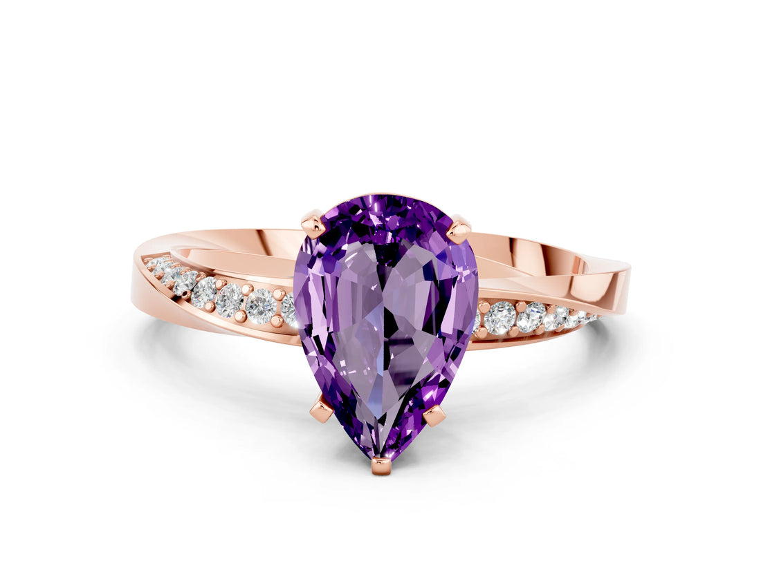 Rose gold Pear Cut Amethyst Engagement Ring with Side Stone Accents and Four-Prong Setting_60