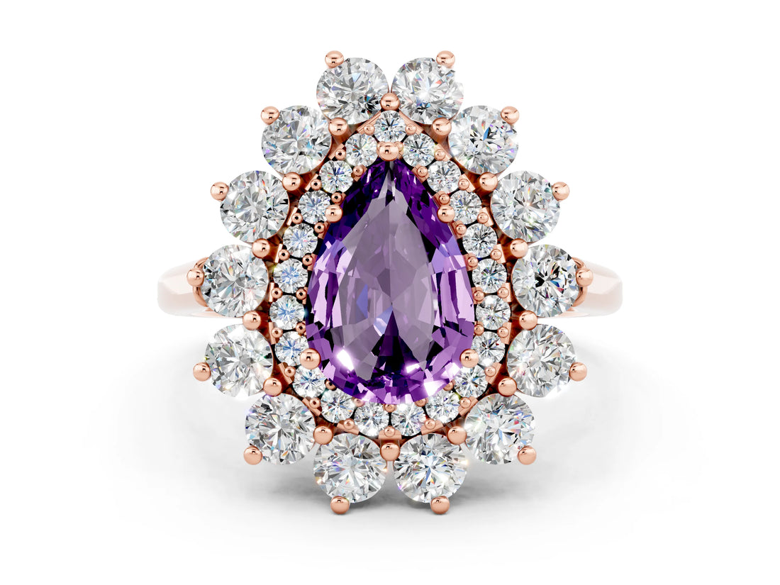Rose gold Pear Cut Amethyst Floral Double Halo Engagement Ring with Prong Setting_48