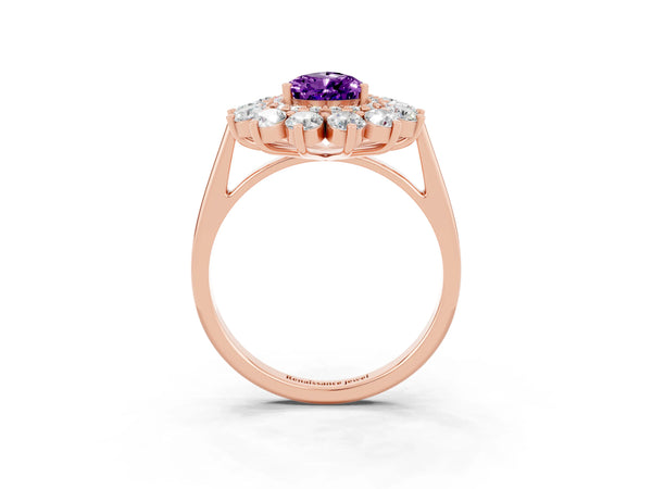 Rose gold Pear Cut Amethyst Floral Double Halo Engagement Ring with Prong Setting