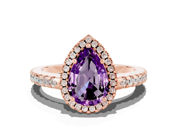 Rose gold Pear Cut Amethyst Halo Engagement Ring with Pavé Band and Prong Setting
