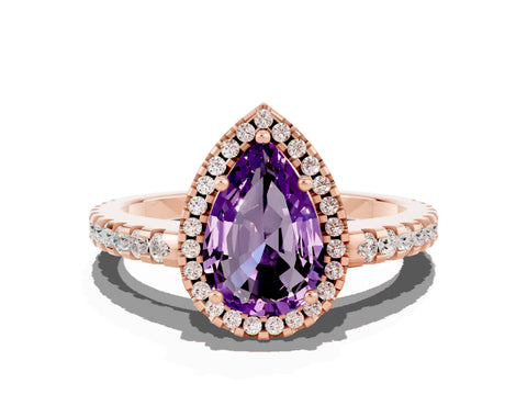 Rose gold Pear Cut Amethyst Halo Engagement Ring with Pavé Band and Prong Setting_12