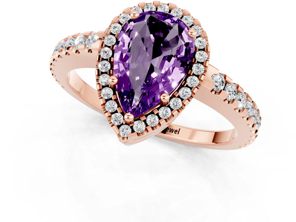 Rose gold Pear Cut Amethyst Halo Engagement Ring with Pavé Band and Prong Setting