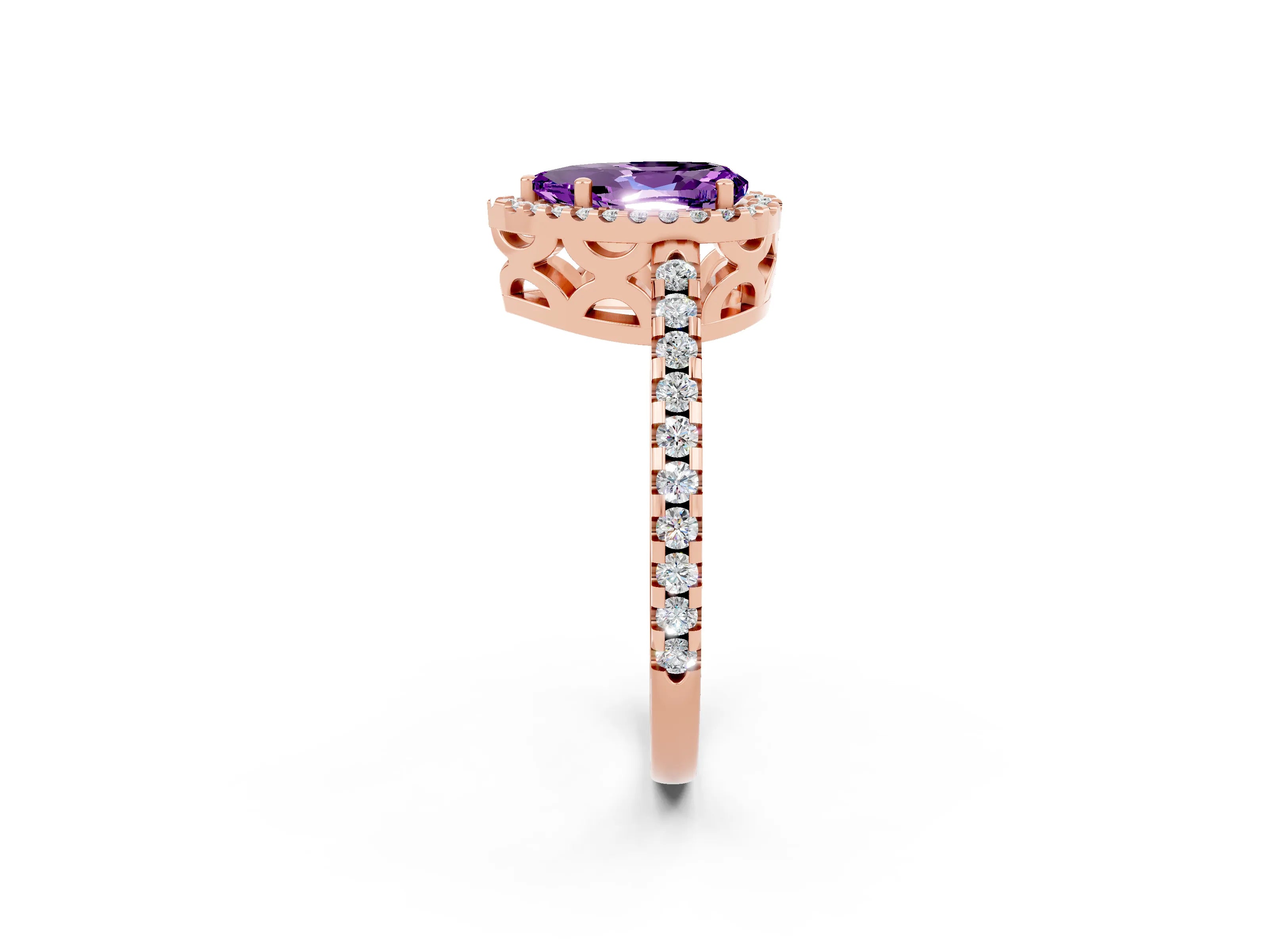 Rose gold Pear Cut Amethyst Halo Engagement Ring with Pavé Band and Prong Setting_14
