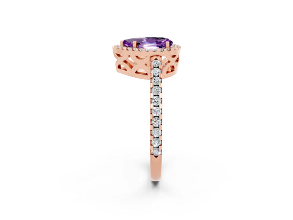 Rose gold Pear Cut Amethyst Halo Engagement Ring with Pavé Band and Prong Setting