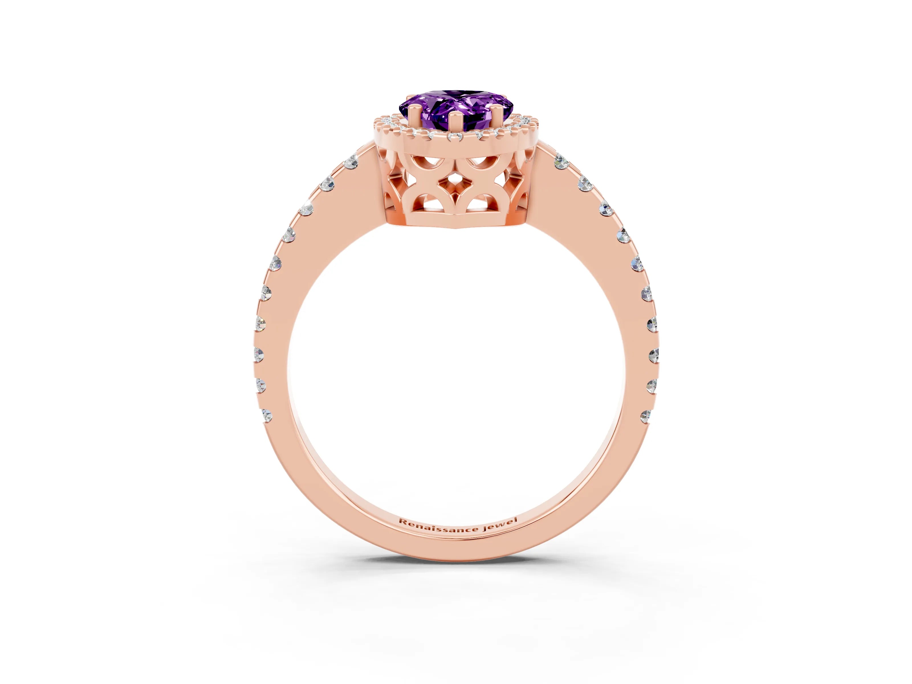 Rose gold Pear Cut Amethyst Halo Engagement Ring with Pavé Band and Prong Setting_15