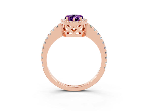 Rose gold Pear Cut Amethyst Halo Engagement Ring with Pavé Band and Prong Setting