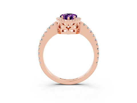 Rose gold Pear Cut Amethyst Halo Engagement Ring with Pavé Band and Prong Setting_15