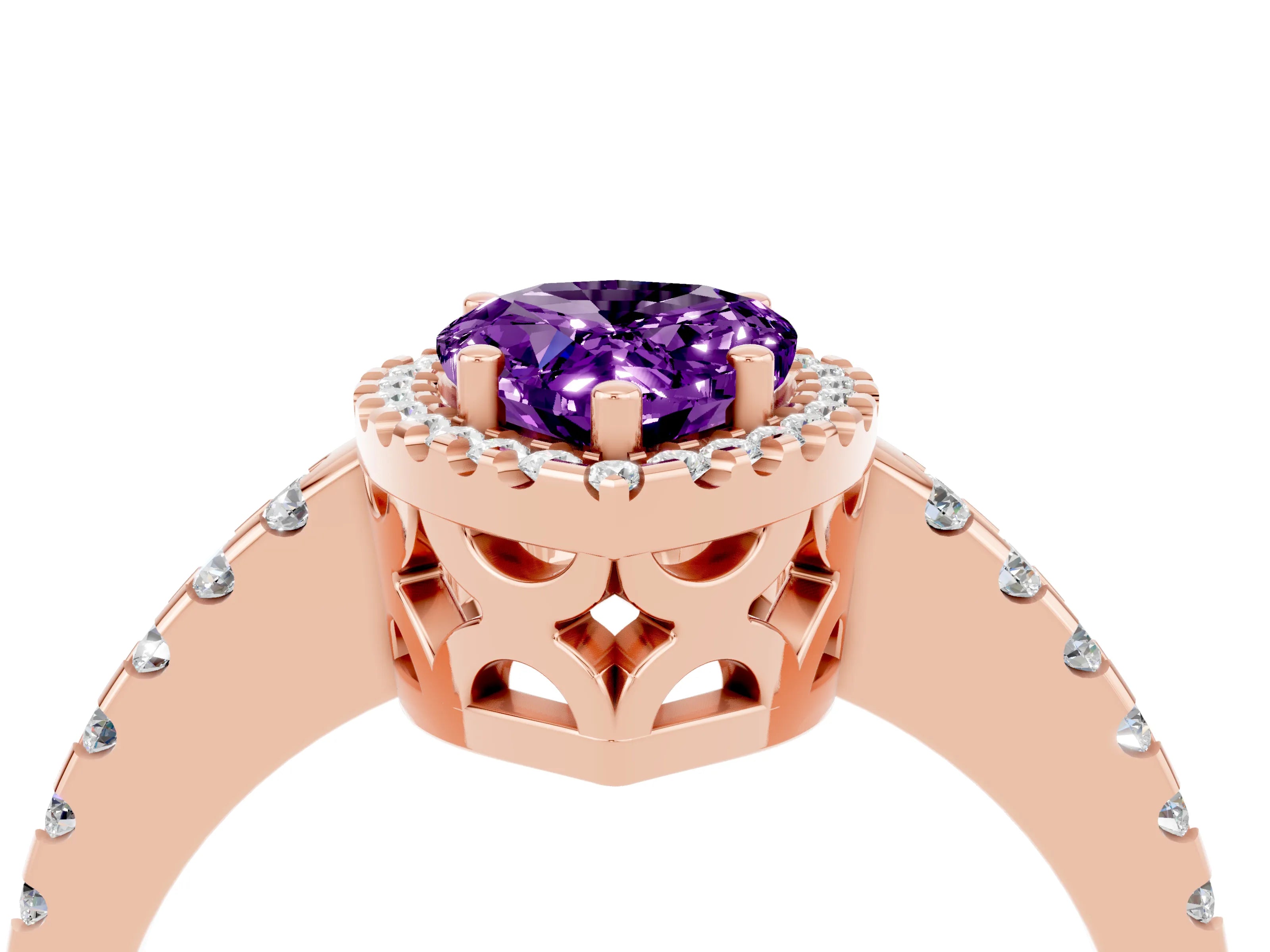 Rose gold Pear Cut Amethyst Halo Engagement Ring with Pavé Band and Prong Setting_16