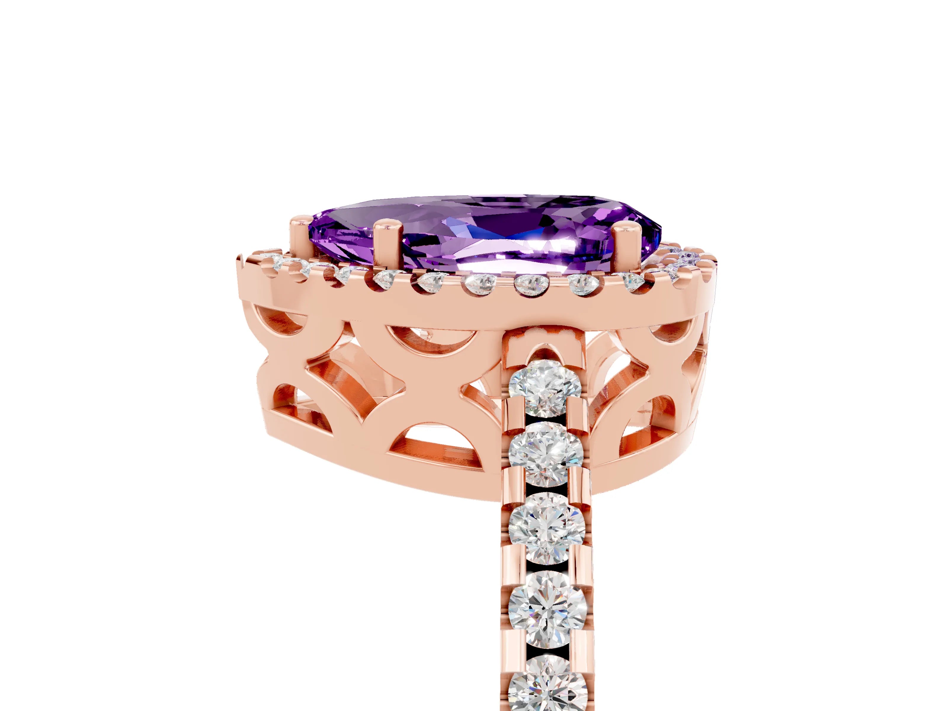 Rose gold Pear Cut Amethyst Halo Engagement Ring with Pavé Band and Prong Setting_17