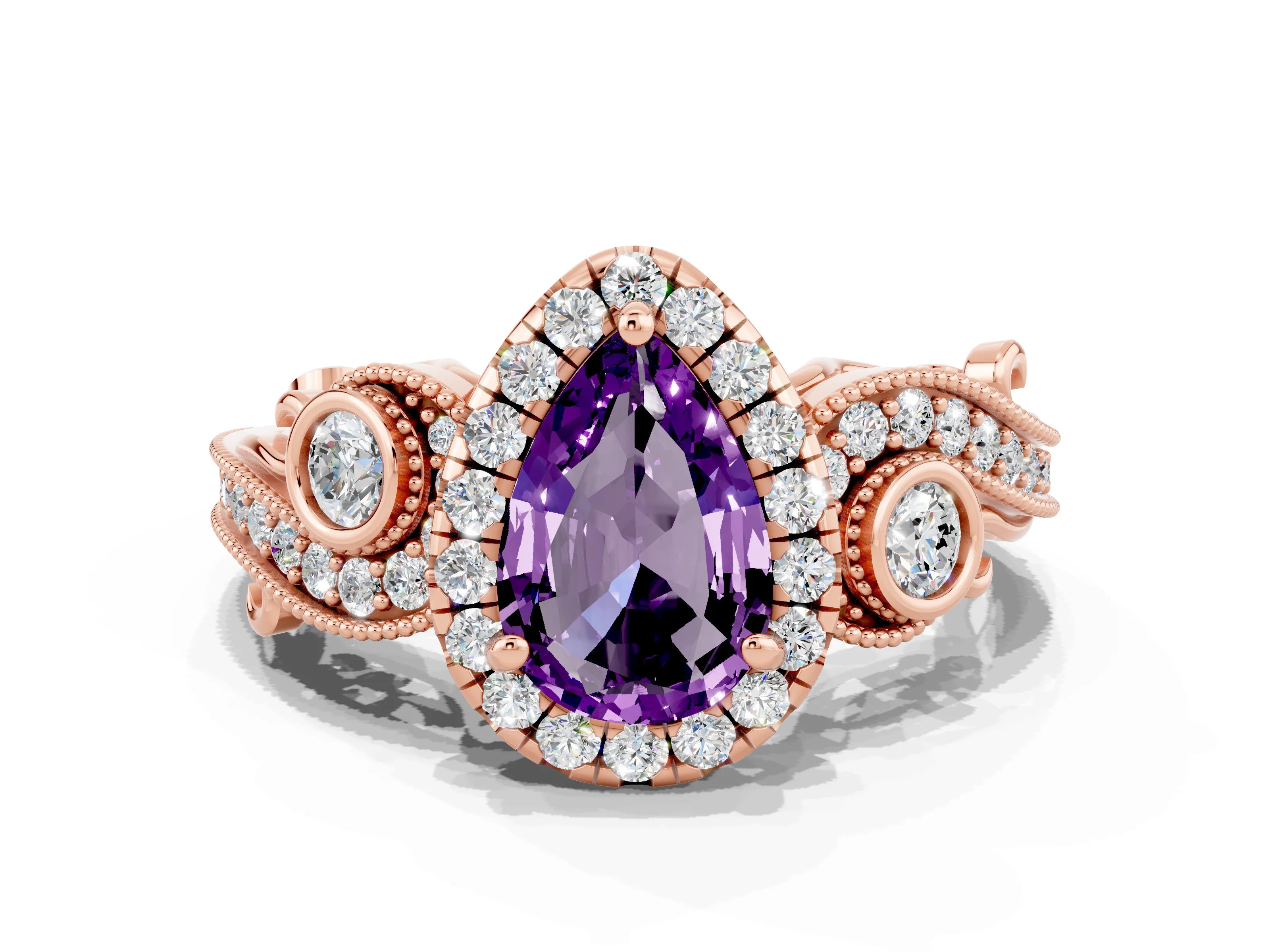 Rose gold Pear Cut Amethyst Halo Ring with Milgrain Pavé Band and Four-Prong Setting_12