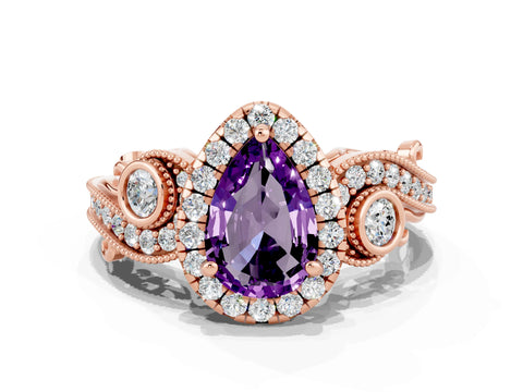 Rose gold Pear Cut Amethyst Halo Ring with Milgrain Pavé Band and Four-Prong Setting_12