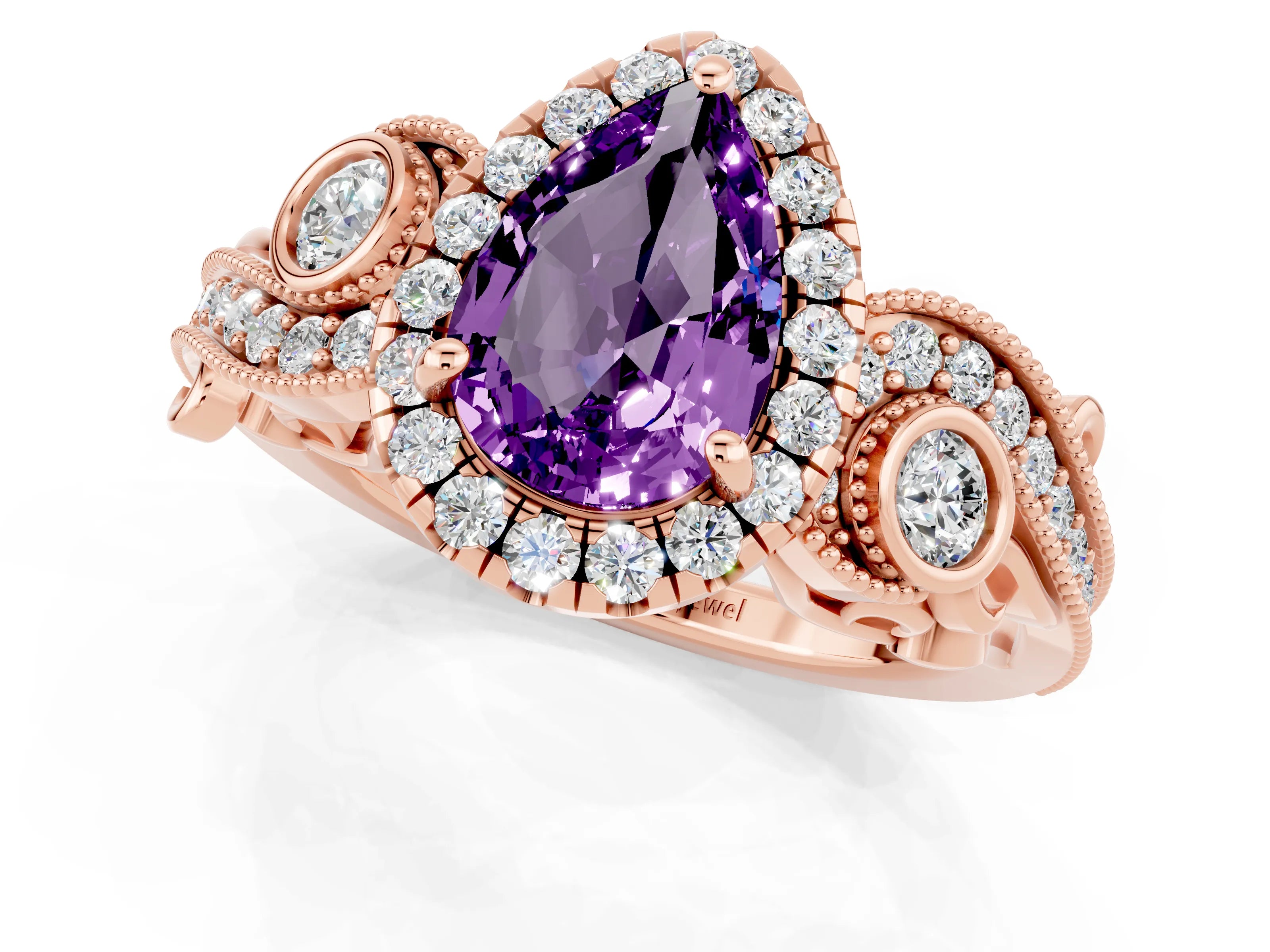 Rose gold Pear Cut Amethyst Halo Ring with Milgrain Pavé Band and Four-Prong Setting_13
