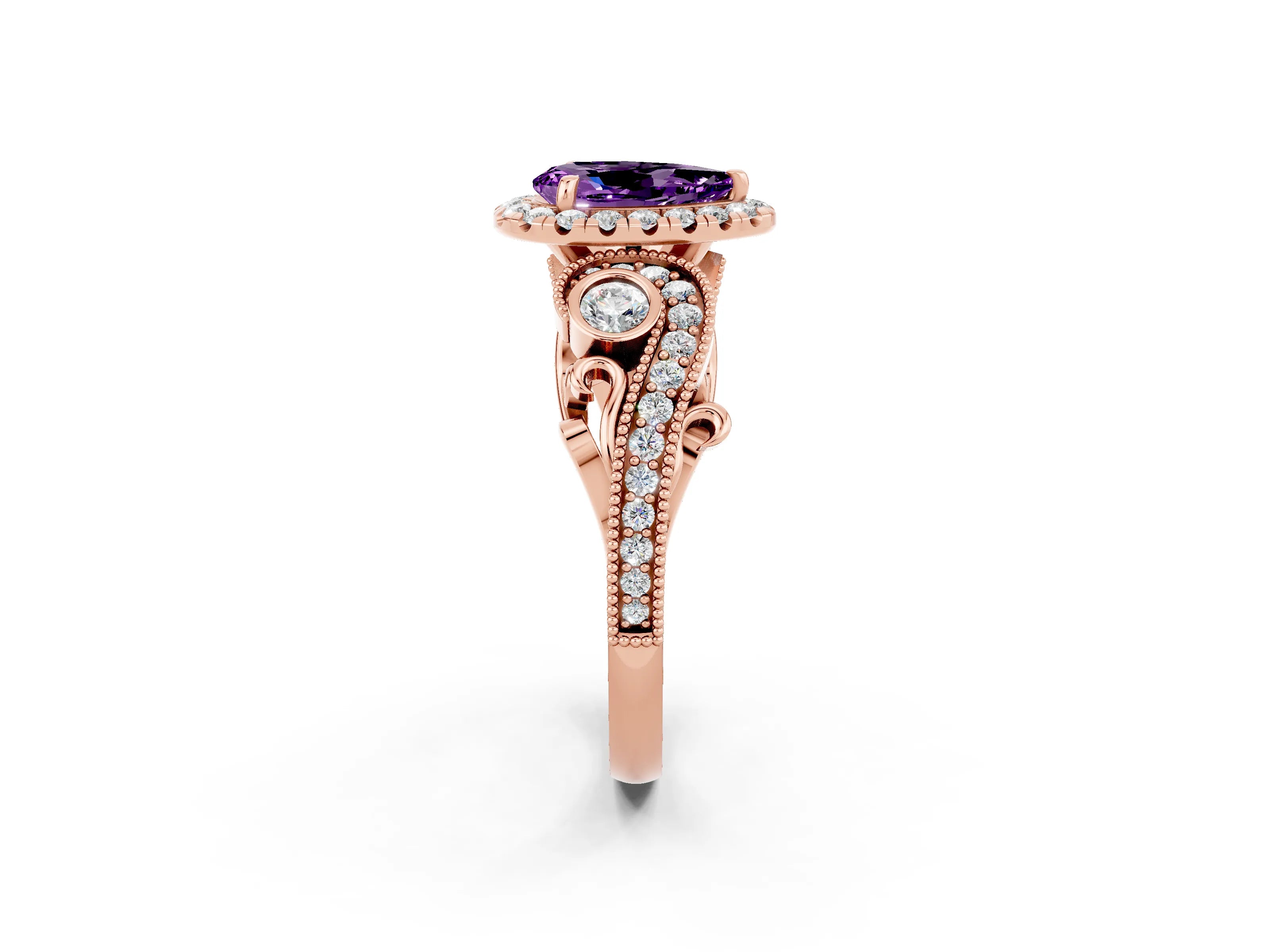 Rose gold Pear Cut Amethyst Halo Ring with Milgrain Pavé Band and Four-Prong Setting_14