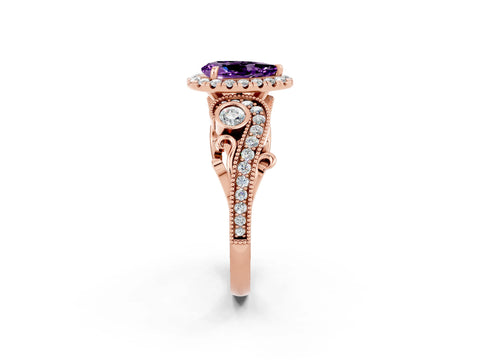 Rose gold Pear Cut Amethyst Halo Ring with Milgrain Pavé Band and Four-Prong Setting_14