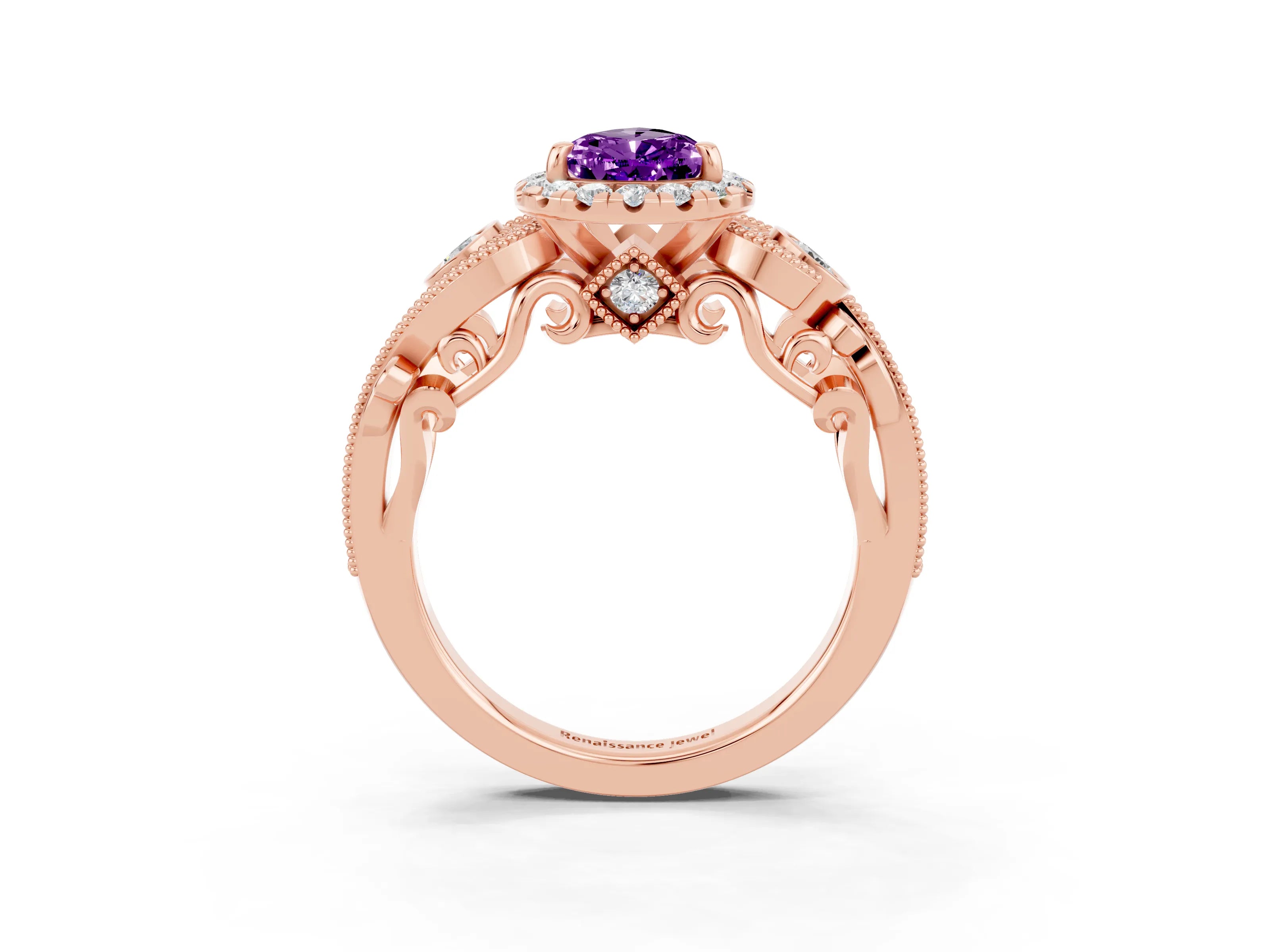 Rose gold Pear Cut Amethyst Halo Ring with Milgrain Pavé Band and Four-Prong Setting_15