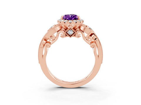 Rose gold Pear Cut Amethyst Halo Ring with Milgrain Pavé Band and Four-Prong Setting_15