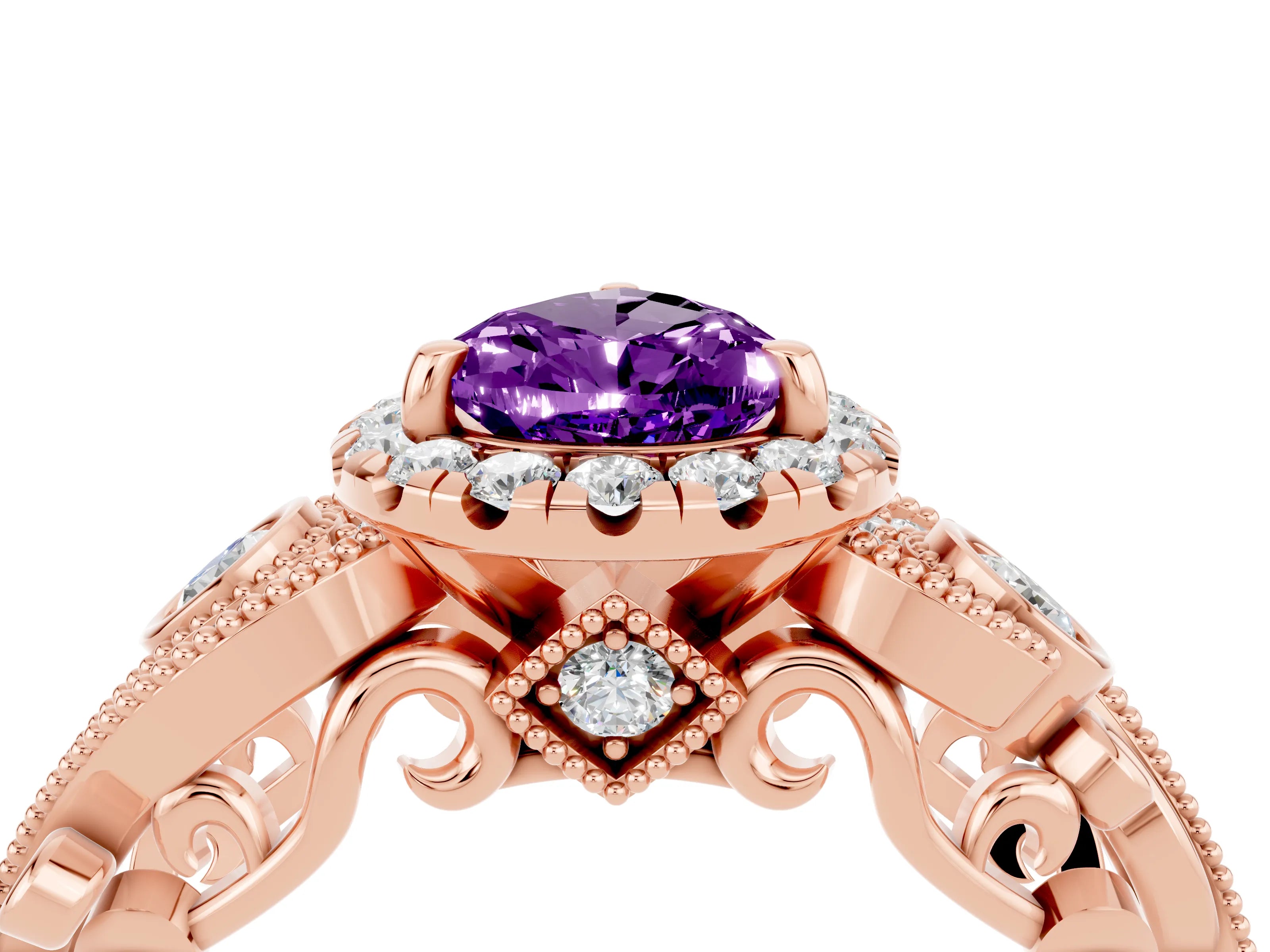 Rose gold Pear Cut Amethyst Halo Ring with Milgrain Pavé Band and Four-Prong Setting_16