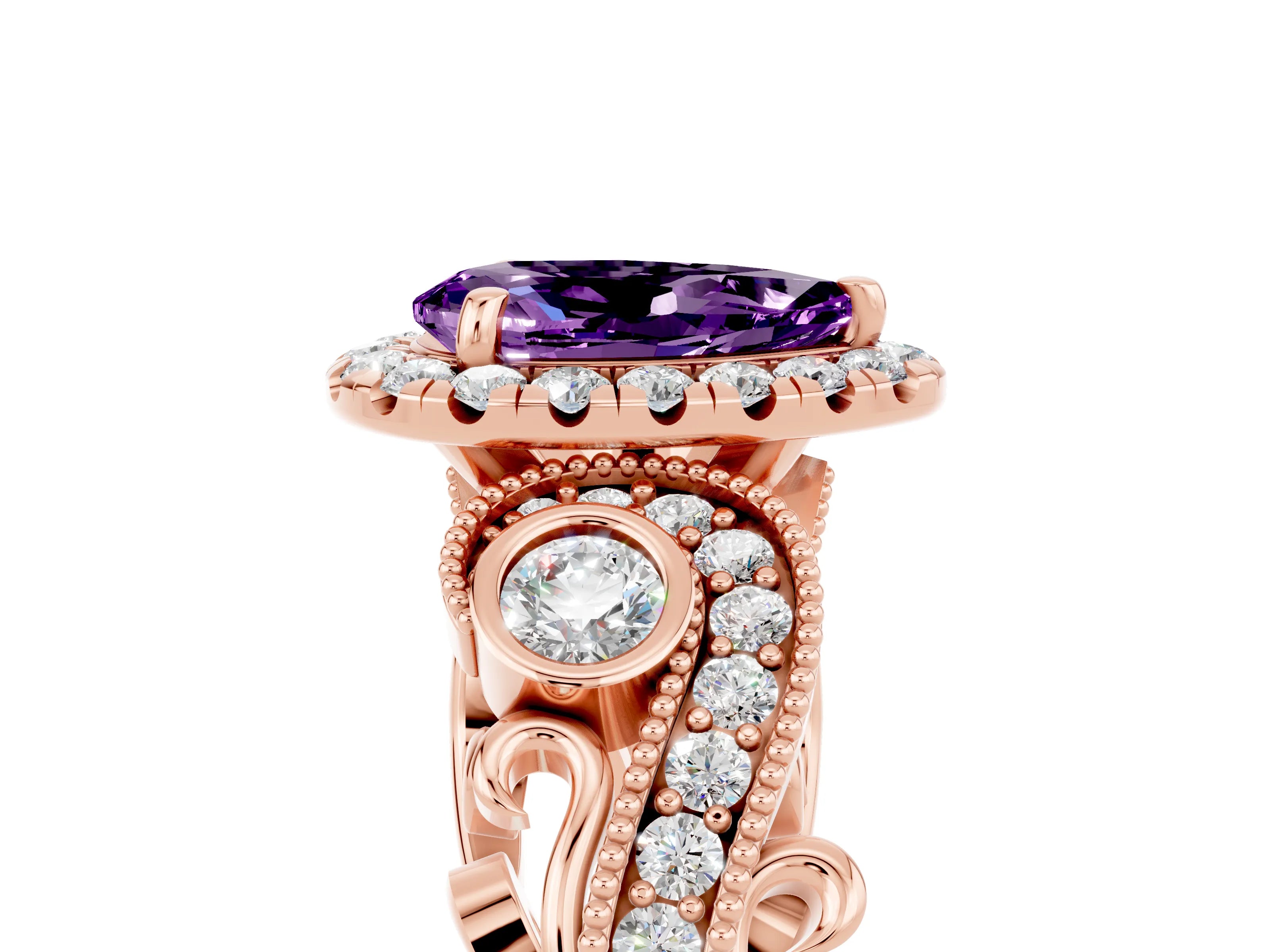 Rose gold Pear Cut Amethyst Halo Ring with Milgrain Pavé Band and Four-Prong Setting_17