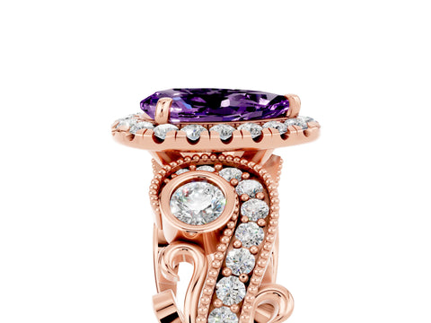 Rose gold Pear Cut Amethyst Halo Ring with Milgrain Pavé Band and Four-Prong Setting_17