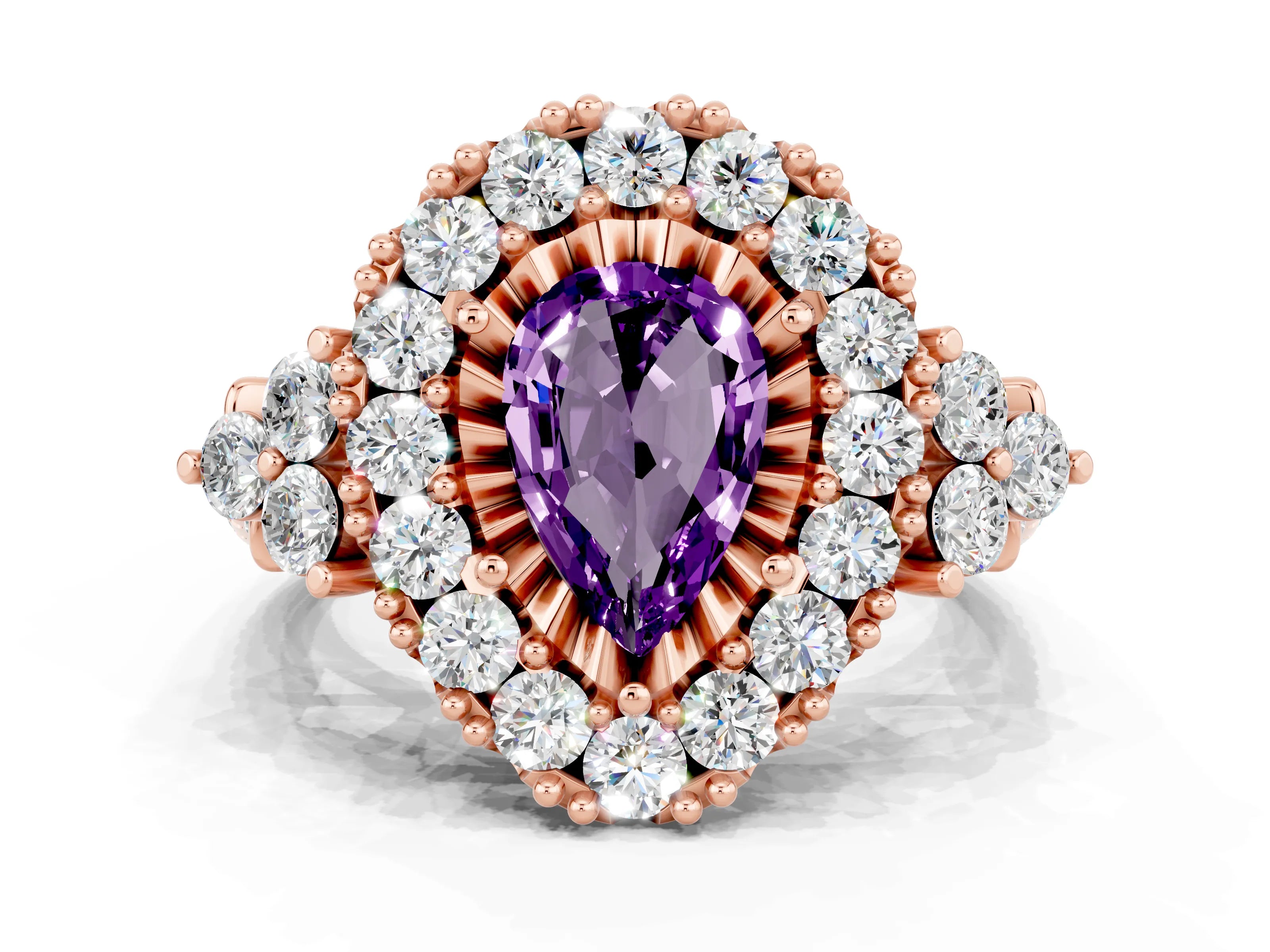Rose gold Pear Cut Amethyst Halo Ring with Pavé Band and Four-Prong Setting_12
